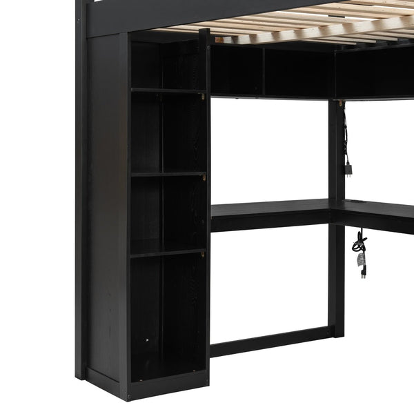 English Elm Full Size Ash Veneer Loft Bed with L Shaped Desk Drawers and Smart LED Lighting Black LT000326AAB