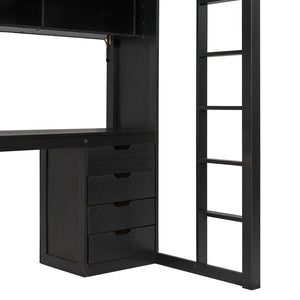 English Elm Full Size Ash Veneer Loft Bed with L Shaped Desk Drawers and Smart LED Lighting Black LT000326AAB
