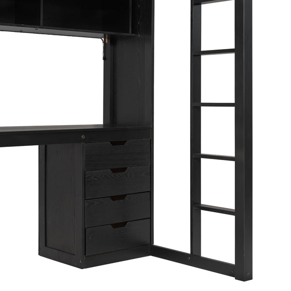 English Elm Full Size Ash Veneer Loft Bed with L Shaped Desk Drawers and Smart LED Lighting Black LT000326AAB
