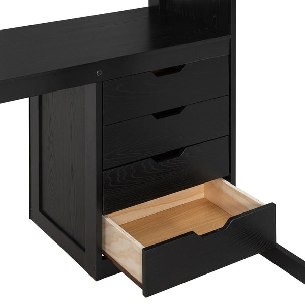 English Elm Full Size Ash Veneer Loft Bed with L Shaped Desk Drawers and Smart LED Lighting Black LT000326AAB