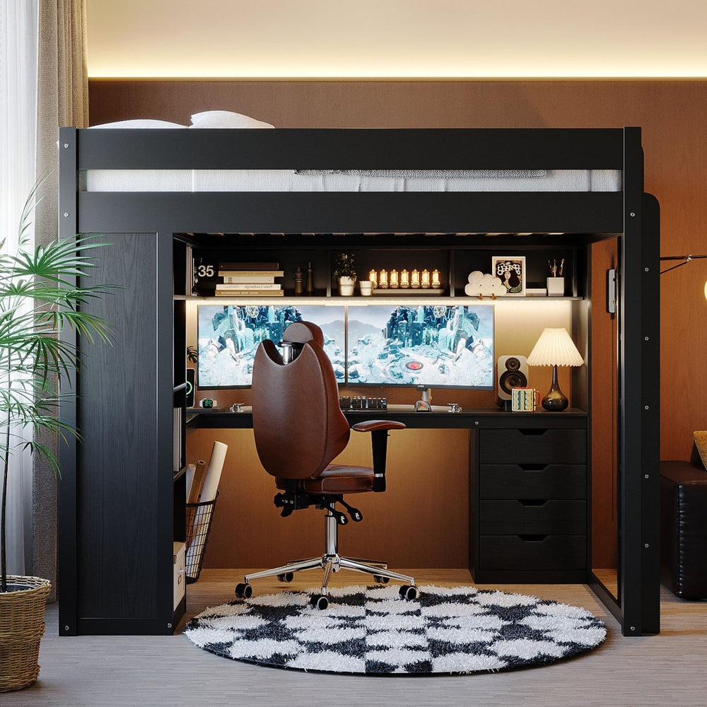 English Elm Full Size Ash Veneer Loft Bed with L Shaped Desk Drawers and Smart LED Lighting Black LT000326AAB