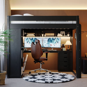 English Elm Full Size Ash Veneer Loft Bed with L Shaped Desk Drawers and Smart LED Lighting Black LT000326AAB