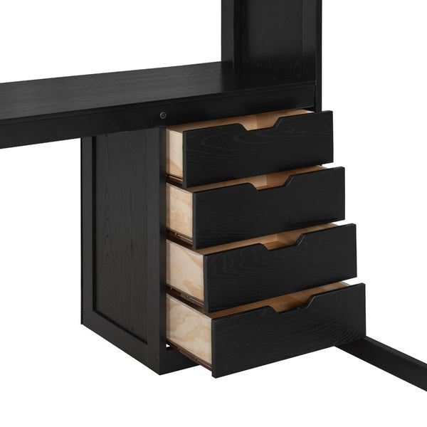 English Elm Full Size Ash Veneer Loft Bed with L Shaped Desk Drawers and Smart LED Lighting Black LT000326AAB