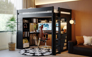 English Elm Full Size Ash Veneer Loft Bed with L Shaped Desk Drawers and Smart LED Lighting Black LT000326AAB