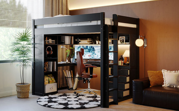 English Elm Full Size Ash Veneer Loft Bed with L Shaped Desk Drawers and Smart LED Lighting Black LT000326AAB