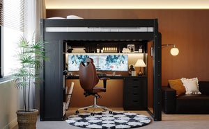 English Elm Full Size Ash Veneer Loft Bed with L Shaped Desk Drawers and Smart LED Lighting Black LT000326AAB