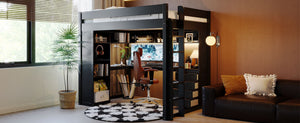 English Elm Full Size Ash Veneer Loft Bed with L Shaped Desk Drawers and Smart LED Lighting Black LT000326AAB