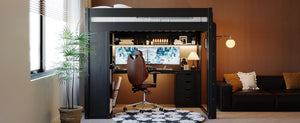 English Elm Full Size Ash Veneer Loft Bed with L Shaped Desk Drawers and Smart LED Lighting Black LT000326AAB