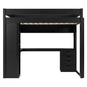English Elm Full Size Ash Veneer Loft Bed with L Shaped Desk Drawers and Smart LED Lighting Black LT000326AAB