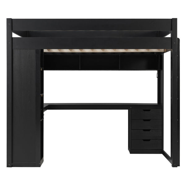 English Elm Full Size Ash Veneer Loft Bed with L Shaped Desk Drawers and Smart LED Lighting Black LT000326AAB