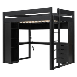 English Elm Full Size Ash Veneer Loft Bed with L Shaped Desk Drawers and Smart LED Lighting Black LT000326AAB