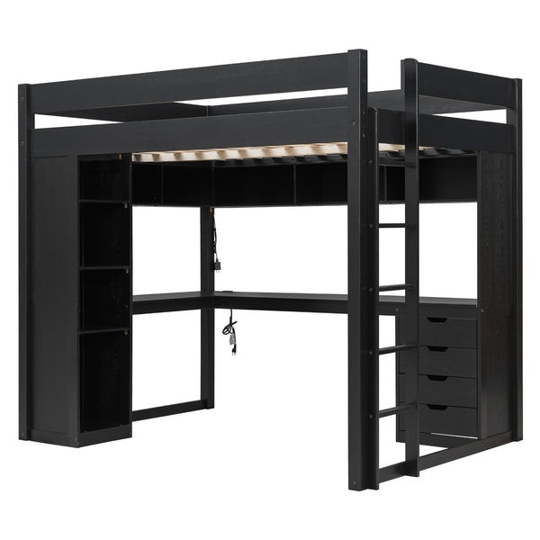 English Elm Full Size Ash Veneer Loft Bed with L Shaped Desk Drawers and Smart LED Lighting Black LT000326AAB