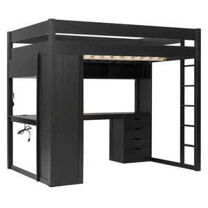English Elm Full Size Ash Veneer Loft Bed with L Shaped Desk Drawers and Smart LED Lighting Black LT000326AAB
