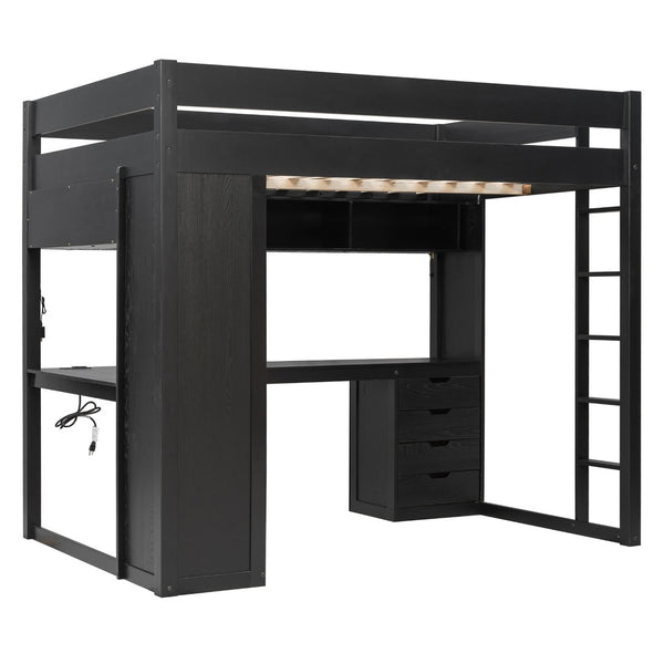 English Elm Full Size Ash Veneer Loft Bed with L Shaped Desk Drawers and Smart LED Lighting Black LT000326AAB
