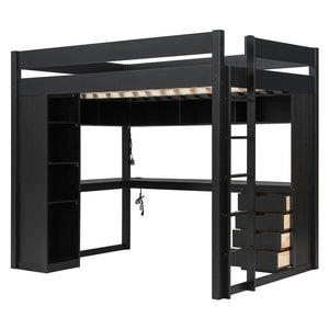 English Elm Full Size Ash Veneer Loft Bed with L Shaped Desk Drawers and Smart LED Lighting Black LT000326AAB