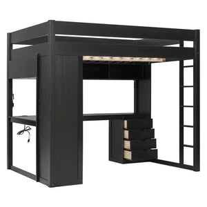 English Elm Full Size Ash Veneer Loft Bed with L Shaped Desk Drawers and Smart LED Lighting Black LT000326AAB