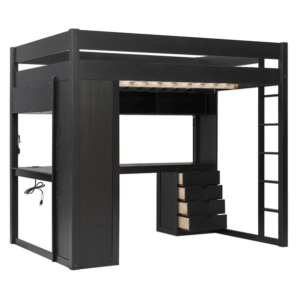English Elm Full Size Ash Veneer Loft Bed with L Shaped Desk Drawers and Smart LED Lighting Black LT000326AAB