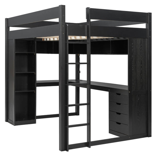 English Elm Full Size Ash Veneer Loft Bed with L Shaped Desk Drawers and Smart LED Lighting Black LT000326AAB