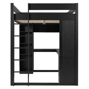 English Elm Full Size Ash Veneer Loft Bed with L Shaped Desk Drawers and Smart LED Lighting Black LT000326AAB