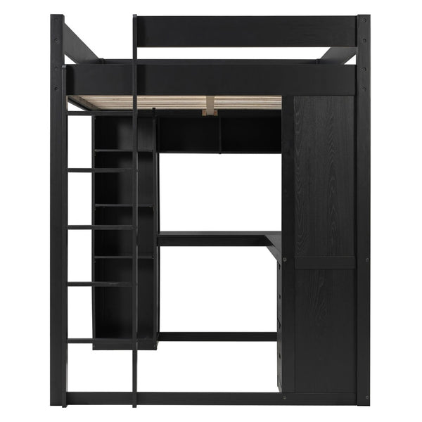 English Elm Full Size Ash Veneer Loft Bed with L Shaped Desk Drawers and Smart LED Lighting Black LT000326AAB