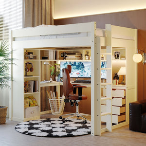 English Elm Full Size Ash Veneer Loft Bed with L Shaped Desk Drawers and Smart LED Lighting White LT000326AAK