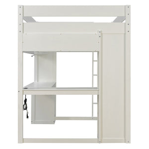 English Elm Full Size Ash Veneer Loft Bed with L Shaped Desk Drawers and Smart LED Lighting White LT000326AAK