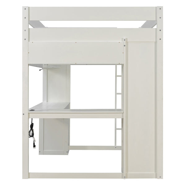 English Elm Full Size Ash Veneer Loft Bed with L Shaped Desk Drawers and Smart LED Lighting White LT000326AAK