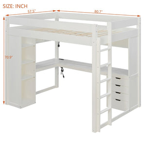 English Elm Full Size Ash Veneer Loft Bed with L Shaped Desk Drawers and Smart LED Lighting White LT000326AAK