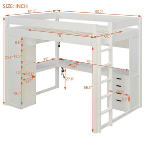 English Elm Full Size Ash Veneer Loft Bed with L Shaped Desk Drawers and Smart LED Lighting White LT000326AAK