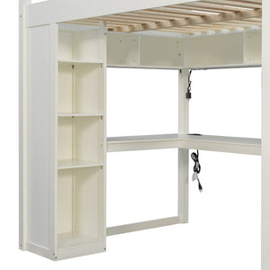 English Elm Full Size Ash Veneer Loft Bed with L Shaped Desk Drawers and Smart LED Lighting White LT000326AAK