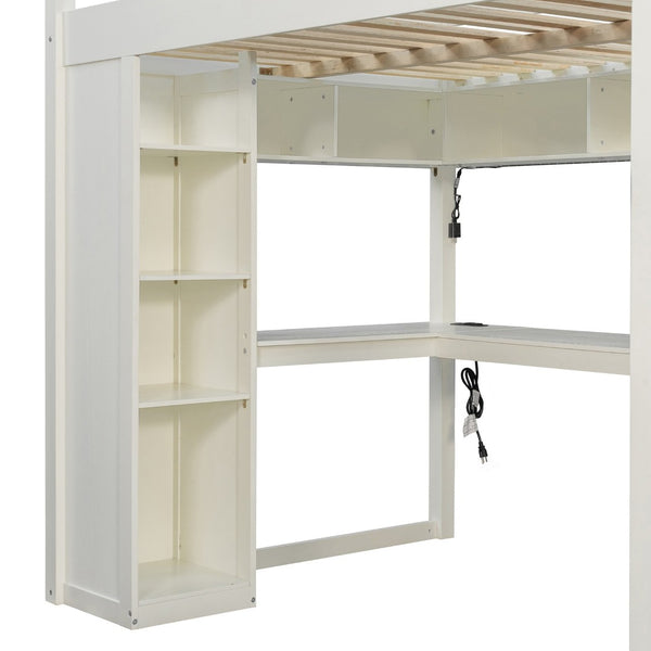 English Elm Full Size Ash Veneer Loft Bed with L Shaped Desk Drawers and Smart LED Lighting White LT000326AAK