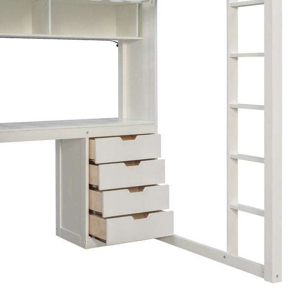 English Elm Full Size Ash Veneer Loft Bed with L Shaped Desk Drawers and Smart LED Lighting White LT000326AAK