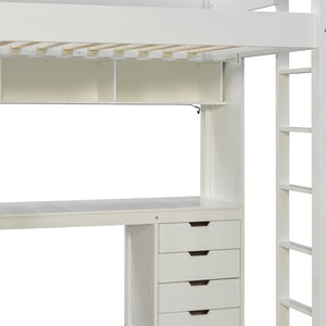 English Elm Full Size Ash Veneer Loft Bed with L Shaped Desk Drawers and Smart LED Lighting White LT000326AAK