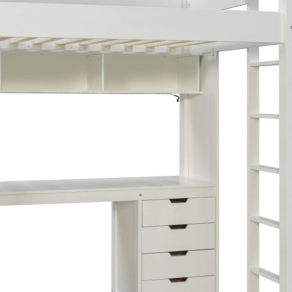 English Elm Full Size Ash Veneer Loft Bed with L Shaped Desk Drawers and Smart LED Lighting White LT000326AAK