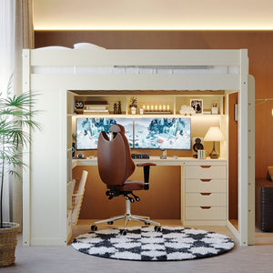 English Elm Full Size Ash Veneer Loft Bed with L Shaped Desk Drawers and Smart LED Lighting White LT000326AAK