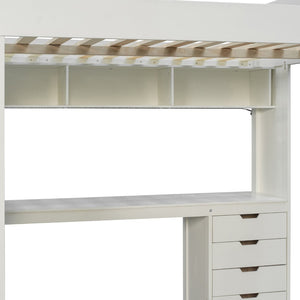 English Elm Full Size Ash Veneer Loft Bed with L Shaped Desk Drawers and Smart LED Lighting White LT000326AAK
