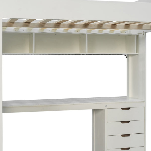 English Elm Full Size Ash Veneer Loft Bed with L Shaped Desk Drawers and Smart LED Lighting White LT000326AAK