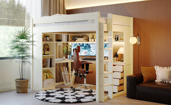 English Elm Full Size Ash Veneer Loft Bed with L Shaped Desk Drawers and Smart LED Lighting White LT000326AAK