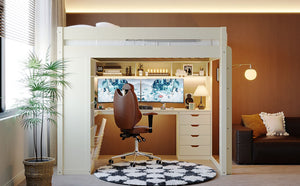 English Elm Full Size Ash Veneer Loft Bed with L Shaped Desk Drawers and Smart LED Lighting White LT000326AAK
