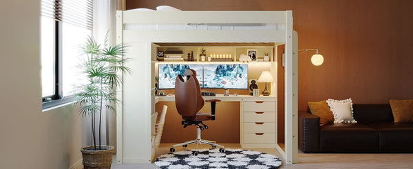 English Elm Full Size Ash Veneer Loft Bed with L Shaped Desk Drawers and Smart LED Lighting White LT000326AAK