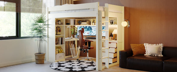 English Elm Full Size Ash Veneer Loft Bed with L Shaped Desk Drawers and Smart LED Lighting White LT000326AAK