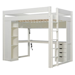 English Elm Full Size Ash Veneer Loft Bed with L Shaped Desk Drawers and Smart LED Lighting White LT000326AAK