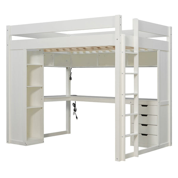 English Elm Full Size Ash Veneer Loft Bed with L Shaped Desk Drawers and Smart LED Lighting White LT000326AAK