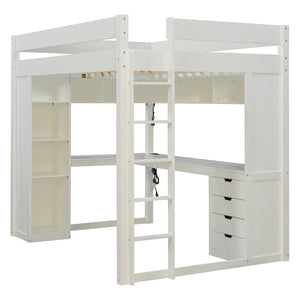 English Elm Full Size Ash Veneer Loft Bed with L Shaped Desk Drawers and Smart LED Lighting White LT000326AAK