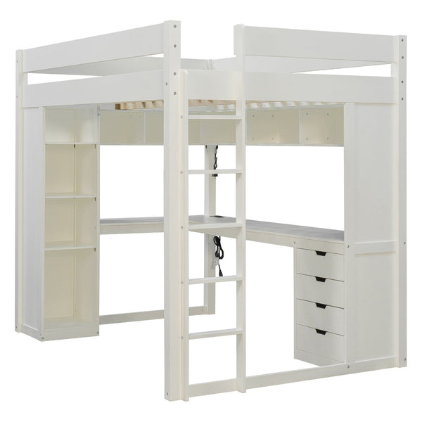 English Elm Full Size Ash Veneer Loft Bed with L Shaped Desk Drawers and Smart LED Lighting White LT000326AAK