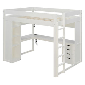 English Elm Full Size Ash Veneer Loft Bed with L Shaped Desk Drawers and Smart LED Lighting White LT000326AAK