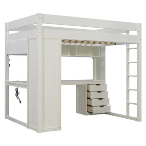 English Elm Full Size Ash Veneer Loft Bed with L Shaped Desk Drawers and Smart LED Lighting White LT000326AAK