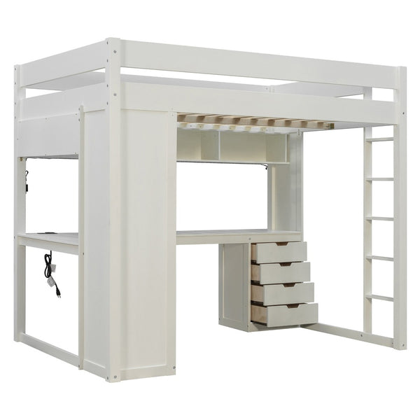 English Elm Full Size Ash Veneer Loft Bed with L Shaped Desk Drawers and Smart LED Lighting White LT000326AAK