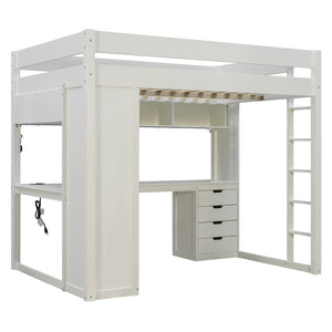 English Elm Full Size Ash Veneer Loft Bed with L Shaped Desk Drawers and Smart LED Lighting White LT000326AAK