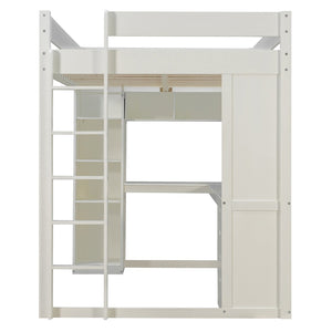 English Elm Full Size Ash Veneer Loft Bed with L Shaped Desk Drawers and Smart LED Lighting White LT000326AAK